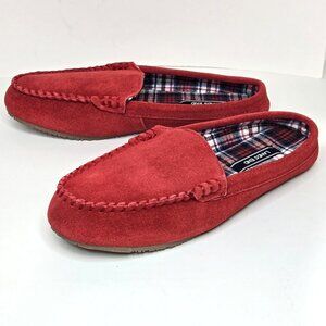 LANDS END Women's Red Suede Flannel Lined Clog Moccasin Slippers. Size 10